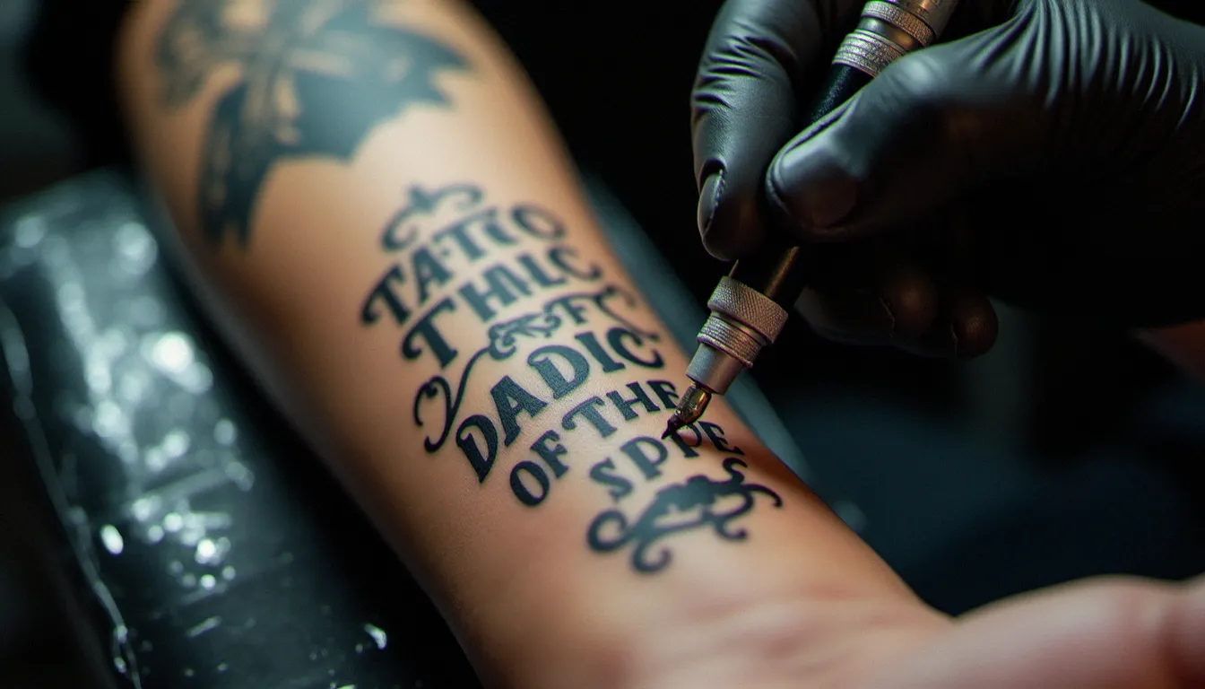Tatoueur appliquant une typographie script sur l'avant-bras d'une cliente lors d'une séance de tatouage texte personnalisé