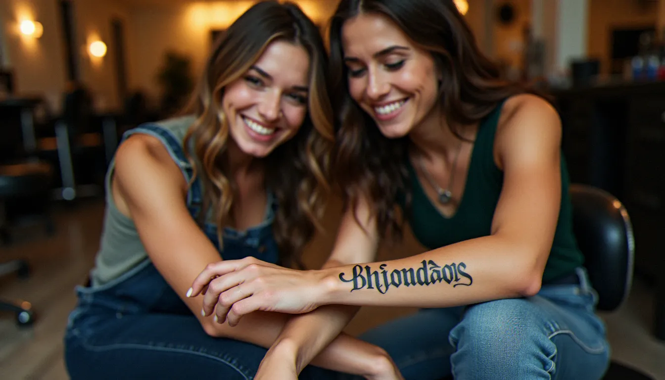 Deux meilleures amies dans un studio de tatouage admirant un tatouage meilleure amie phrase fraîchement réalisé sur le poignet