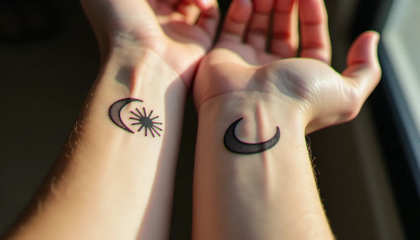 Gros plan sur deux poignets côte à côte arborant des tatouages complémentaires lune et soleil en fine line noire, symboles d'amitié entre meilleures amies