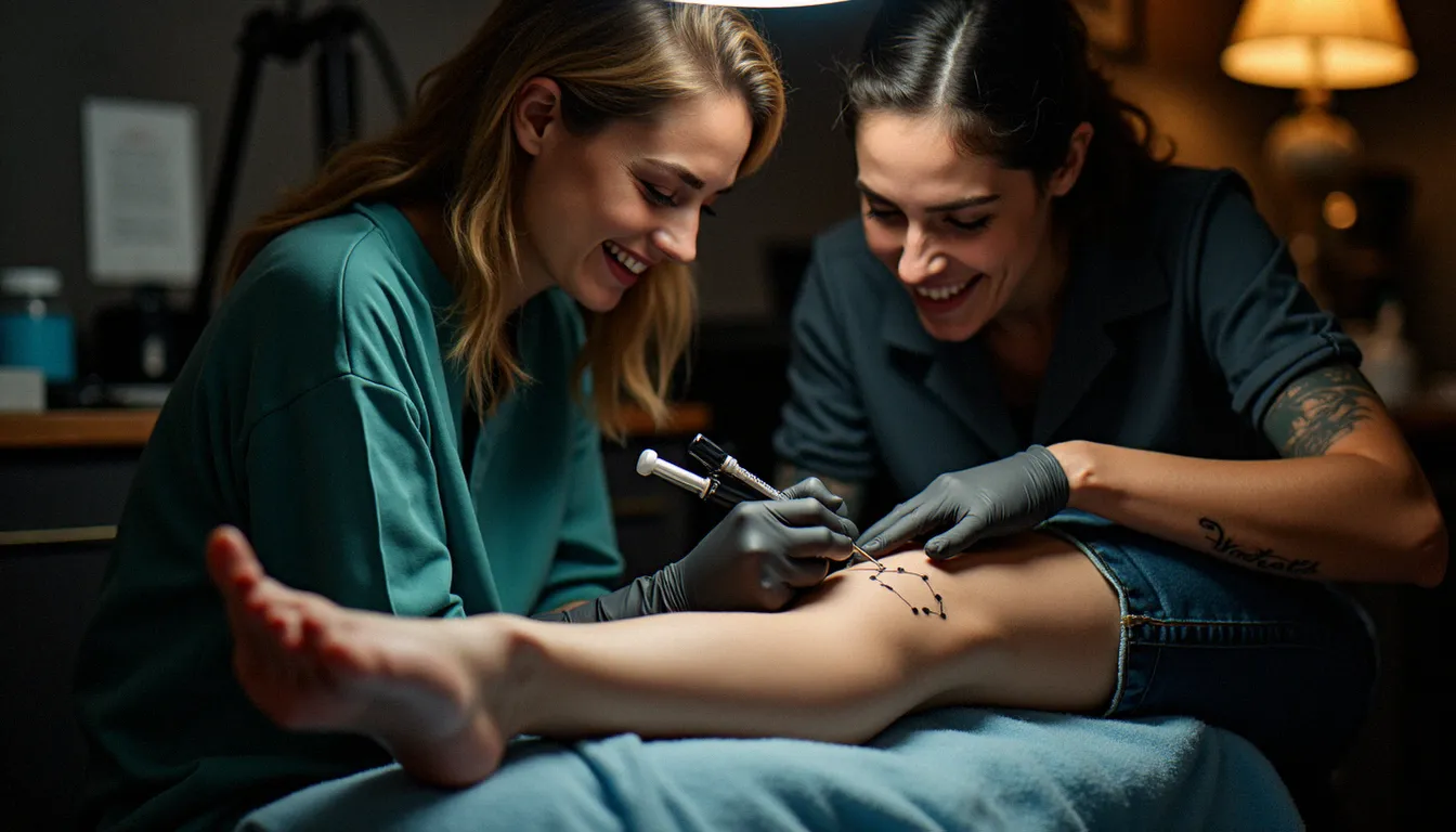 Tatoueuse appliquant un tatouage de constellation sur la cheville d'une jeune femme, sa meilleure amie observant avec bienveillance dans un studio de tatouage professionnel