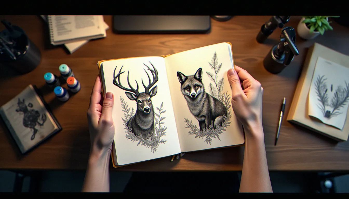 Carnet de croquis ouvert sur des dessins d'animaux spirituels — cerf, renard et corbeau — accompagnés d'éléments botaniques, posé sur le bureau d'un studio de tatouage