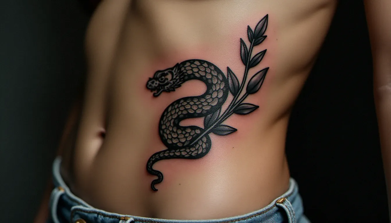 Tatouage blackwork frais représentant un serpent enroulé autour d'une branche de sauge sur la cage thoracique, avec ombrage en dotwork, photographié en lumière latérale de studio