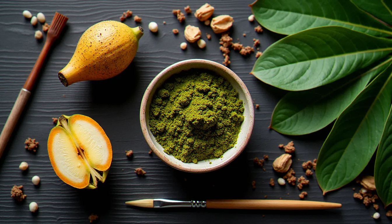 Ingrédients naturels pour tatouage éphémère disposés sur bois sombre : pâte de henné, feuilles séchées, fruit jagua coupé et applicateur fin