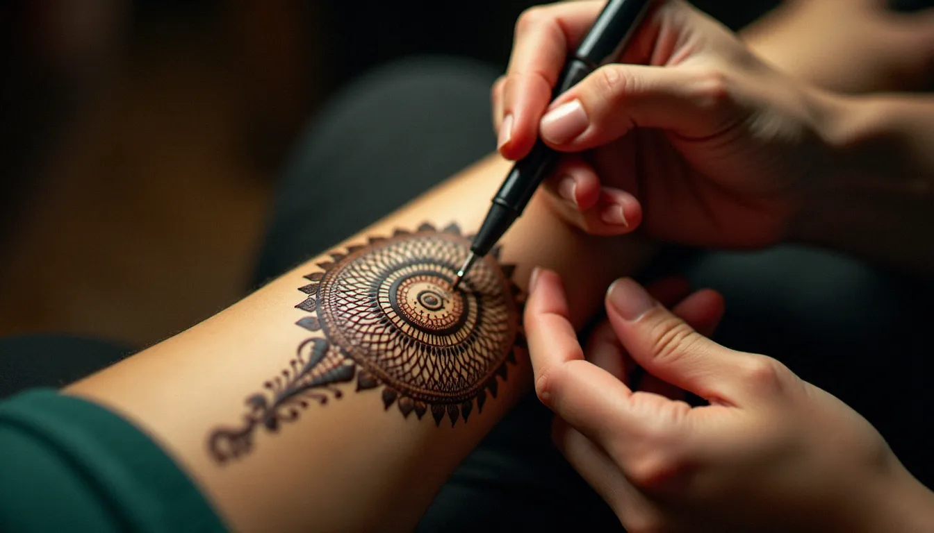 Tatoueuse appliquant un tatouage naturel éphémère au henné sur l'avant-bras d'une cliente avec un applicateur de précision
