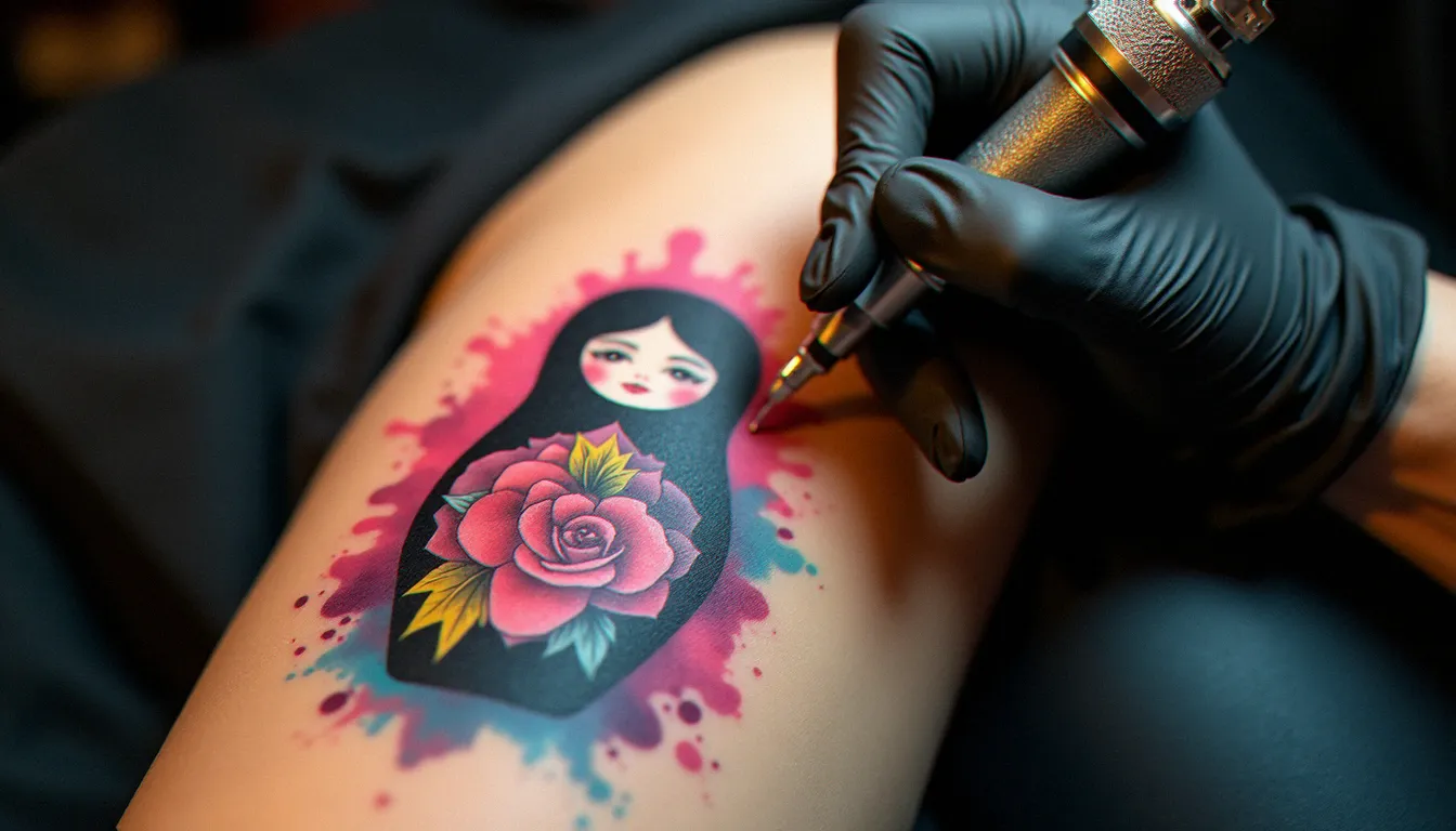 Séance de tatouage poupée russe en style aquarelle sur la cuisse, avec des éclaboussures de couleurs autour de la silhouette de la matriochka