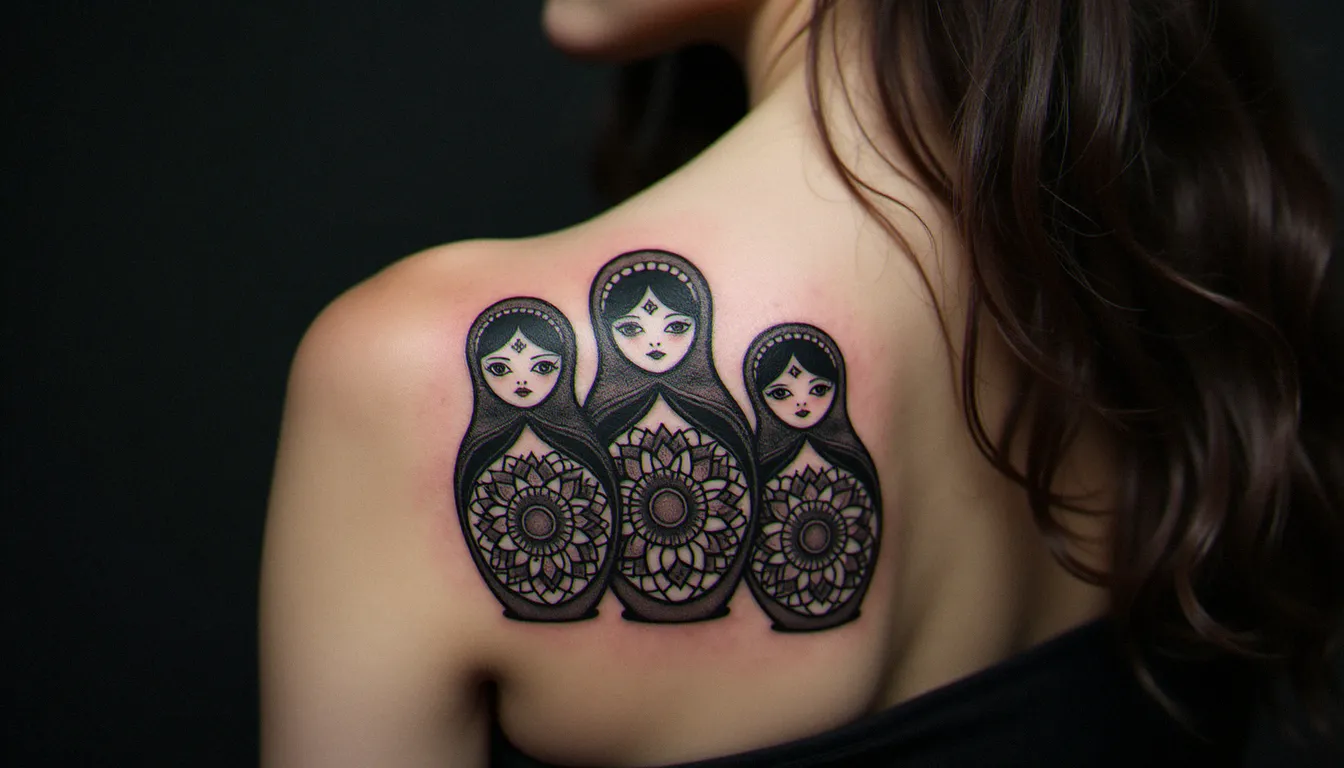 Tatouage de trois poupées russes en style blackwork dotwork sur l'omoplate, avec des motifs géométriques et mandala intégrés dans les silhouettes