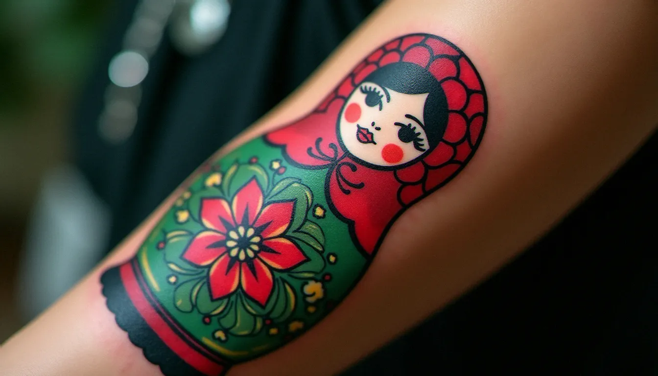 Tatouage poupée russe en style néo-traditionnel sur l'avant-bras d'une femme, avec des couleurs vives et des motifs floraux détaillés