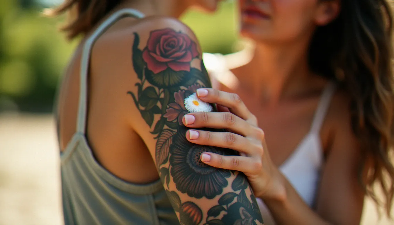 Femme appliquant de la crème solaire SPF 50 sur un tatouage manchette en noir et gris pour le protéger du soleil