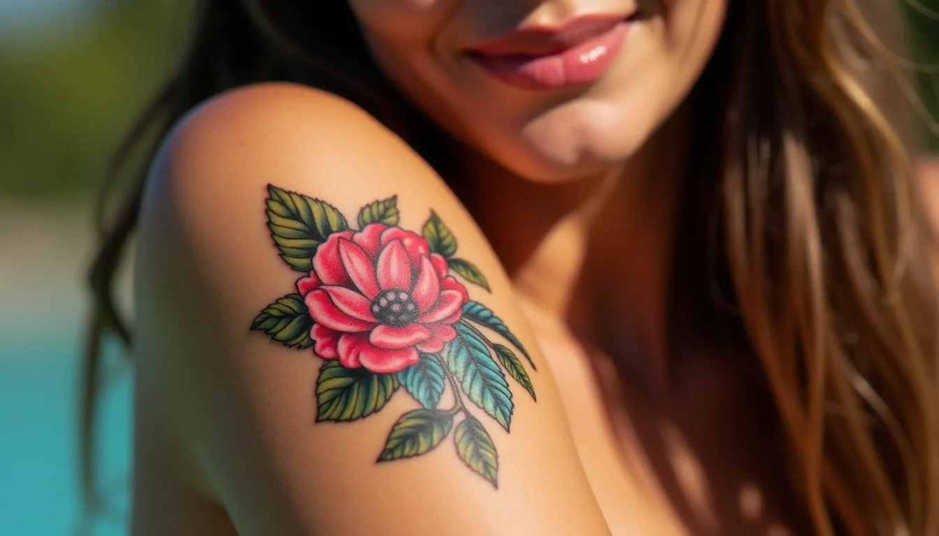 Tatouage floral coloré sur avant-bras exposé au soleil estival, illustrant pourquoi le tatouage ne doit pas être exposé au soleil sans protection