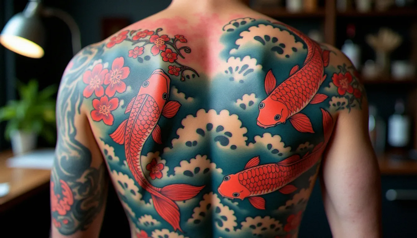 Dos complet tatoué en style japonais traditionnel avec carpes koï et fleurs de cerisier en couleur vive