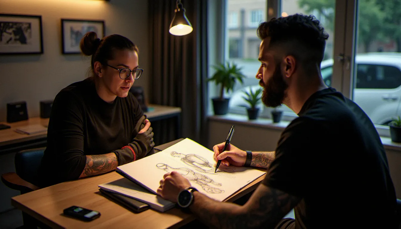 Consultation entre un tatoueur et son client pour définir le design d'un tatouage dos complet dans un studio lumineux