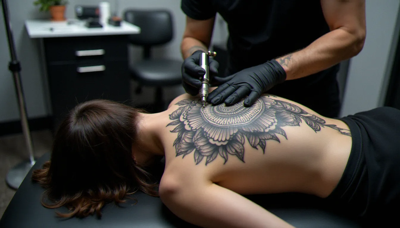 Tatoueur en train de réaliser un tatouage prix dos complet en noir et gris dans un studio moderne