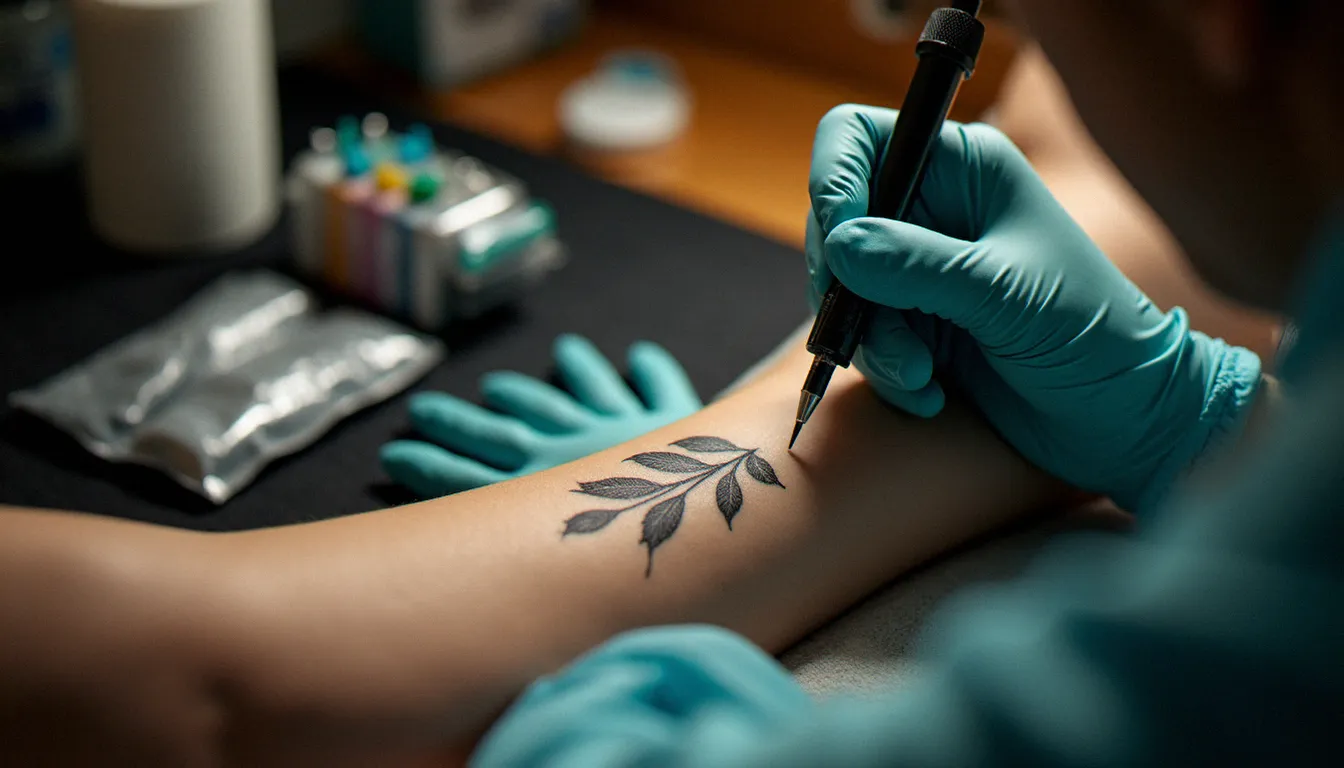 Gros plan sur les mains gantées d'un tatoueur préparant une séance de tatouage flash walk-in, aiguilles stériles visibles en arrière-plan
