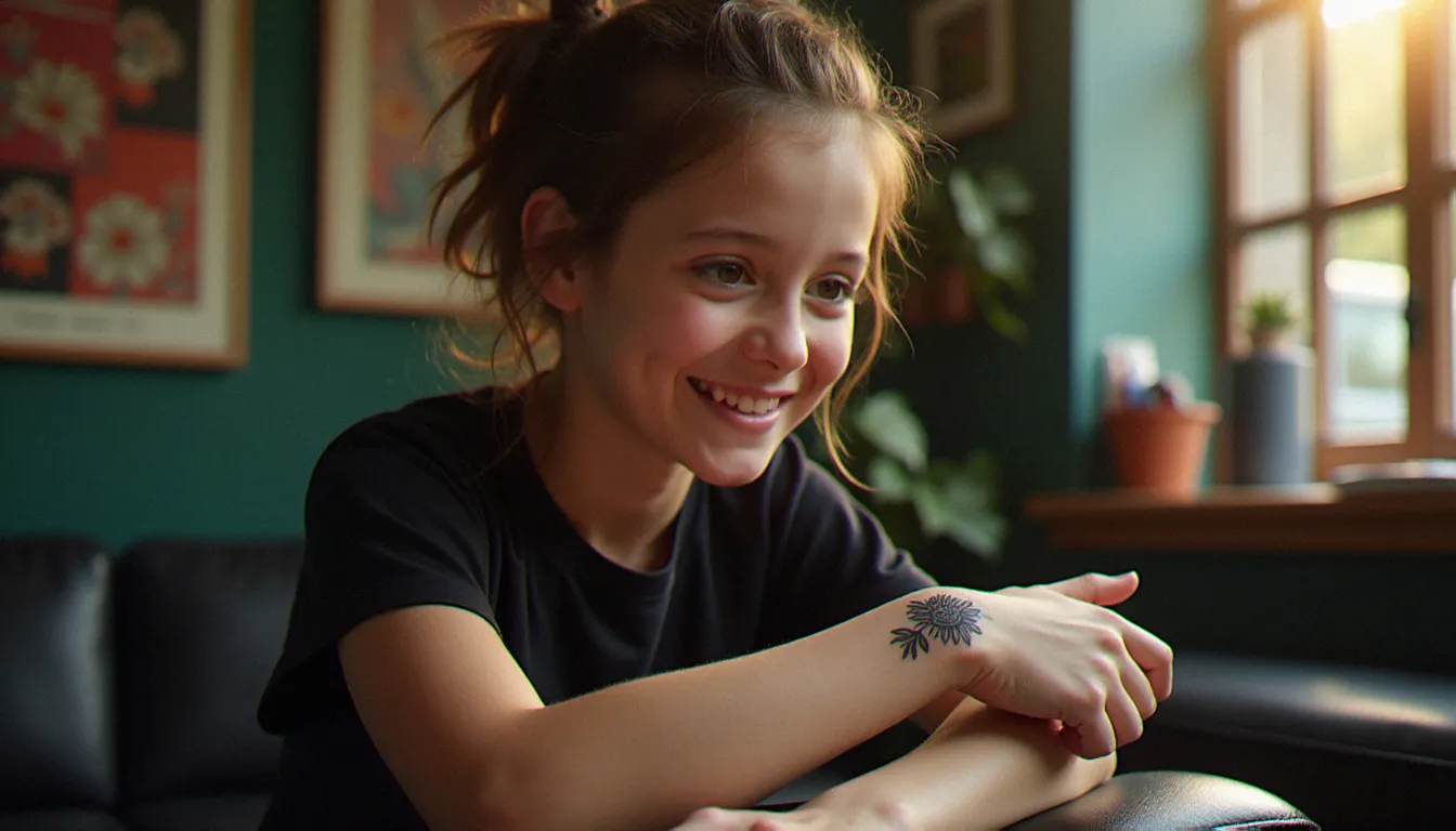 Client admirant son nouveau tatouage flash sur le poignet après une séance sans rendez-vous dans un studio de tatouage