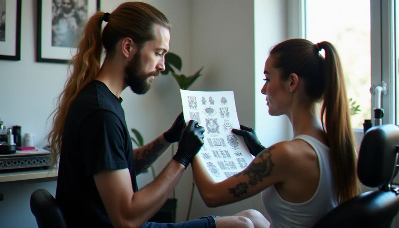 Tatoueuse montrant un catalogue de flash tattoos à une cliente dans un studio de tatouage sans rdv à Annecy
