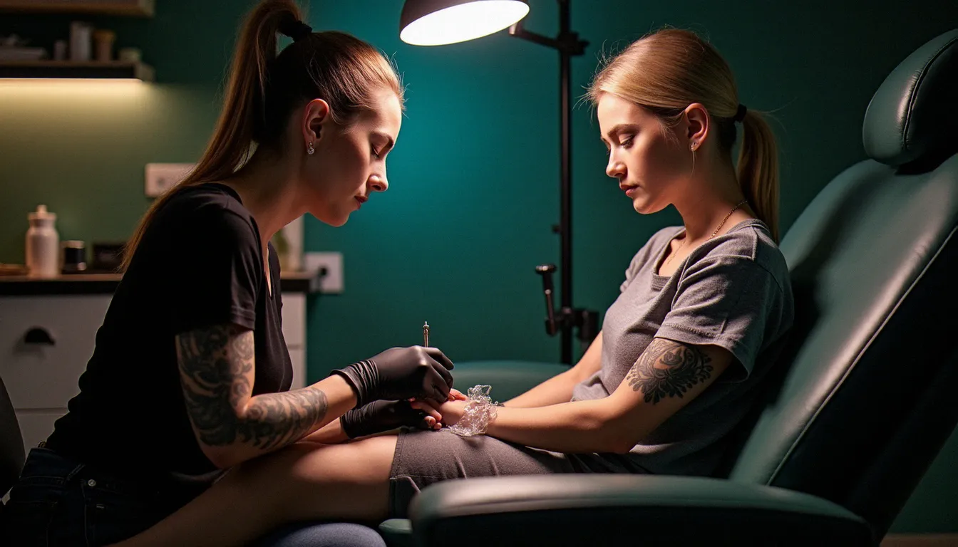 Cliente assise dans un fauteuil de tatouage dans un studio lyonnais, regardant son tatouage à la cheville recouvert d'un film protecteur après une séance walk-in