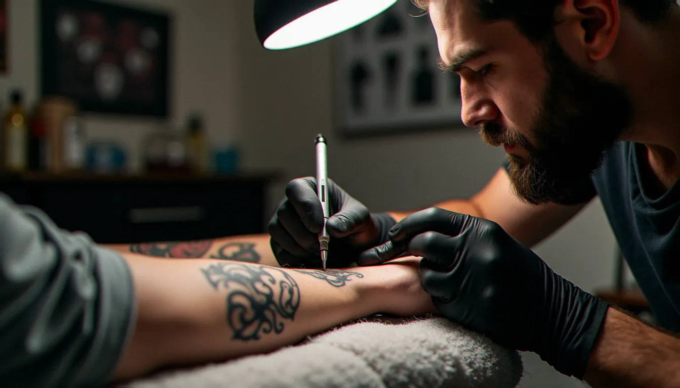 Tatoueur réalisant un tatouage sans rdv dans un studio de Lyon, gros plan sur l'avant-bras du client avec des planches flash visibles en arrière-plan