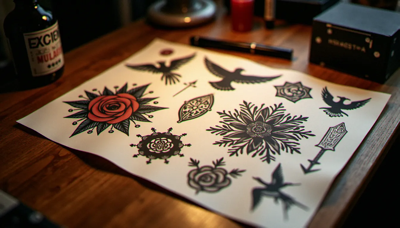 Planche de flash tattoo présentée sur le comptoir d'un salon parisien, avec des motifs old school incluant roses, hirondelles et éléments géométriques