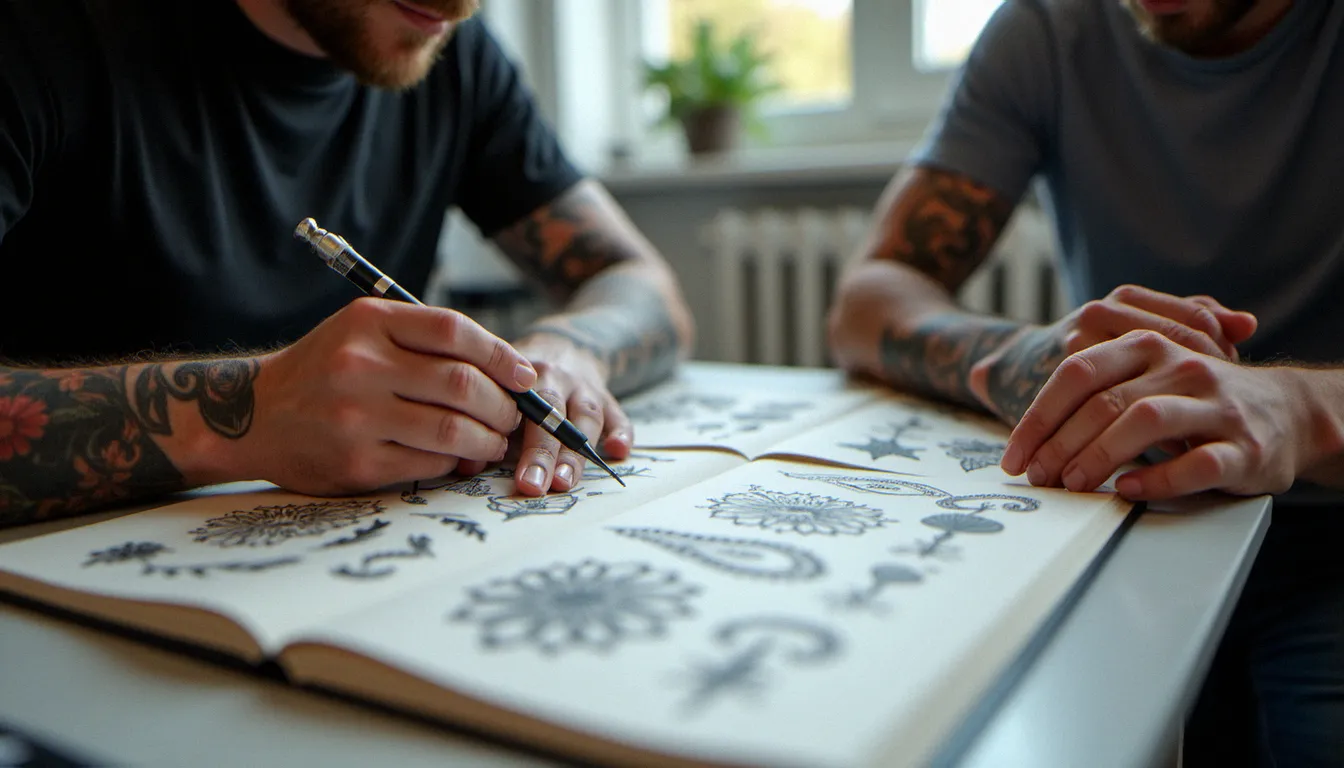 Client et tatoueuse consultant ensemble des flash tattoos disponibles pour une séance walk-in dans un studio de tatouage