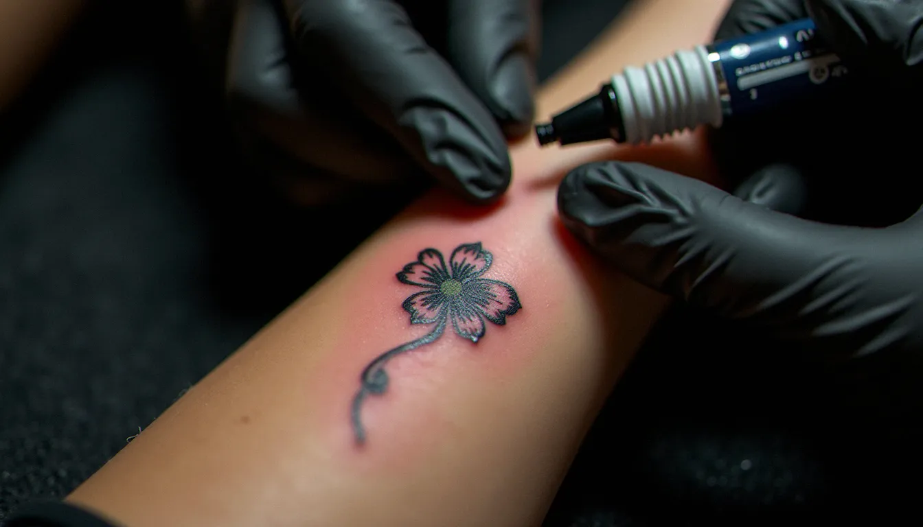 Application des soins post-tatouage sur un tatouage de fleur de jasmin frais réalisé en walk-in sur le poignet d'une cliente