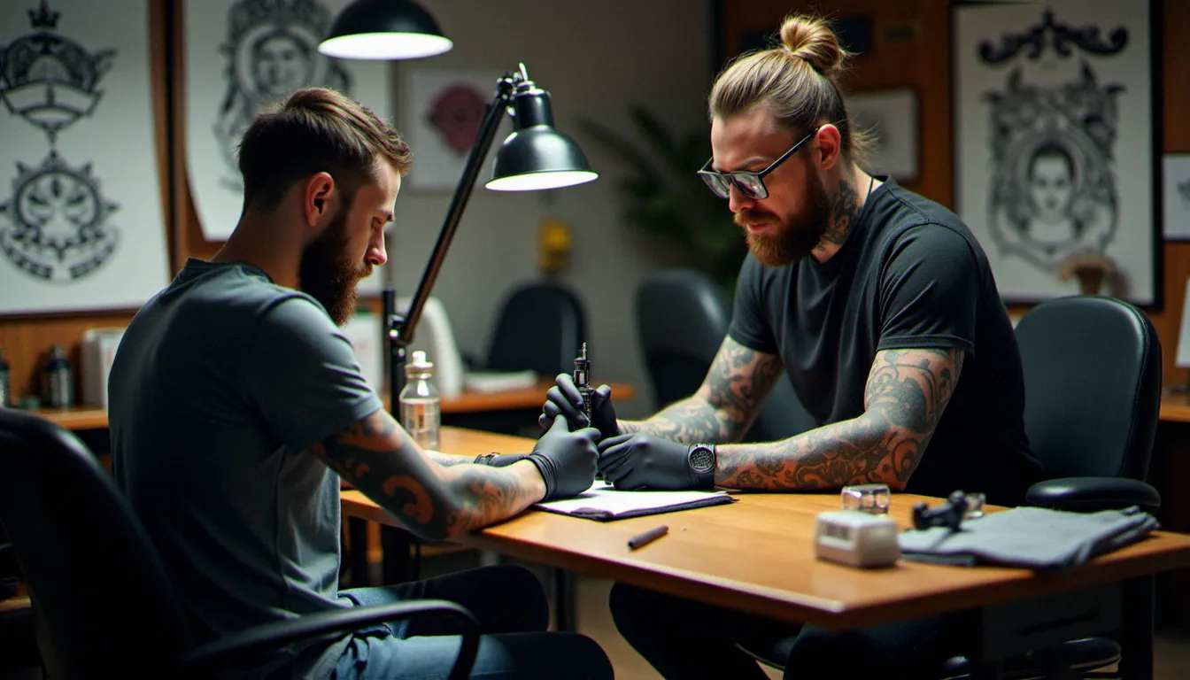 Artiste tatoueuse préparant son matériel dans un studio moderne pour accueillir un client en tatouage sans rendez-vous