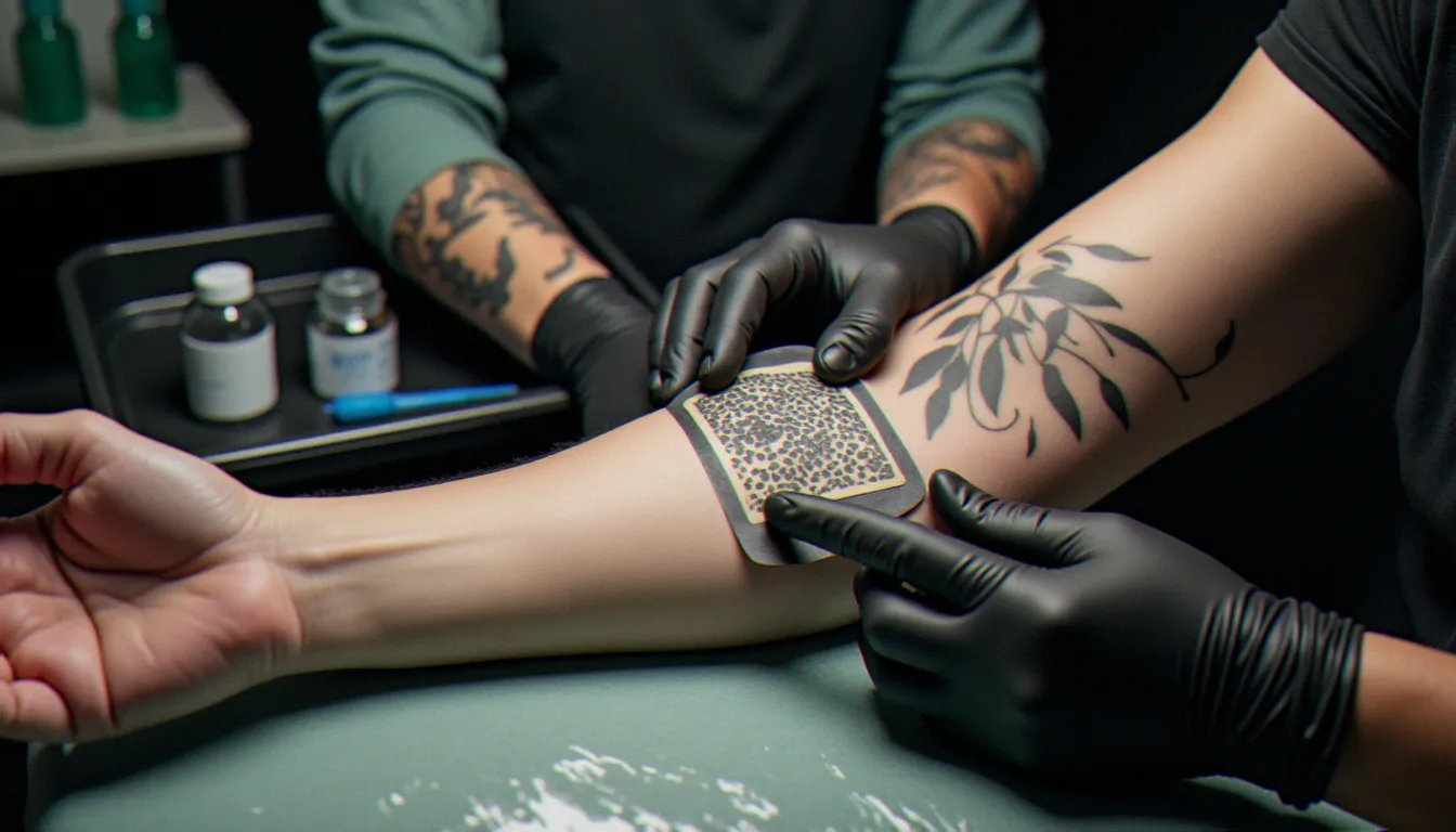 Tatoueuse appliquant un calque de tatouage sans rendez-vous sur l'avant-bras d'un client avant la session