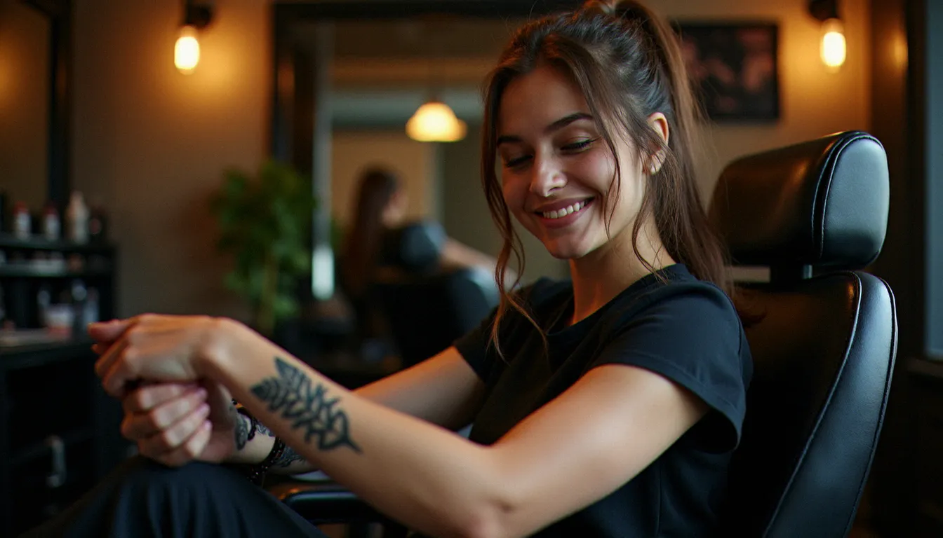 Cliente souriante admirant son tatouage fougère fraîchement réalisé lors d'une session walk-in dans un salon de tatouage