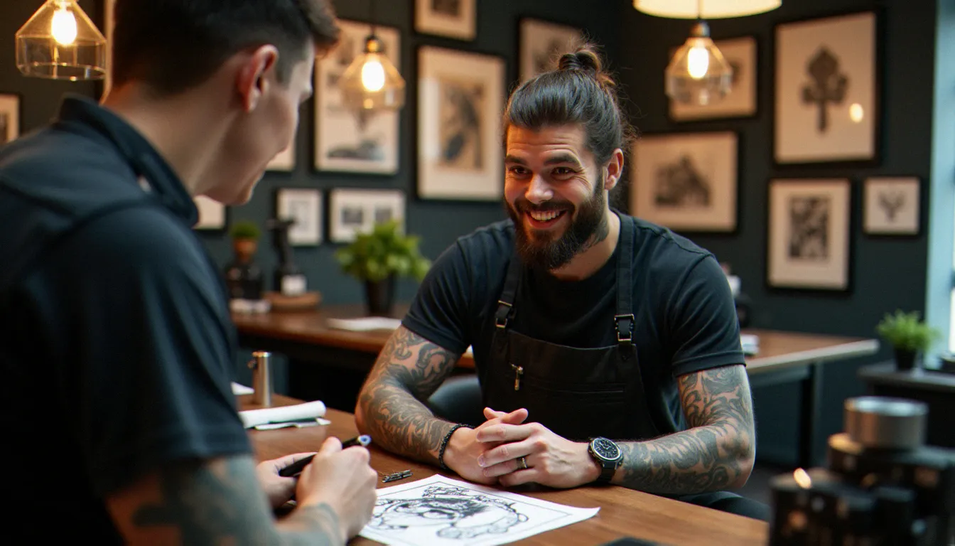 Tatoueuse présentant des planches de tatouages flash à un client sans rendez-vous dans un studio moderne et lumineux