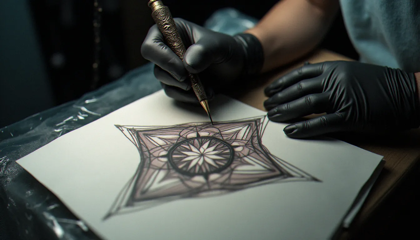 Tatoueur préparant un motif géométrique abstrait en studio, illustrant le processus de création d'un tatouage décoratif sans signification imposée