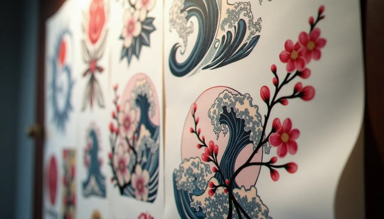 Sélection de motifs flash japonais décoratifs affichés en studio de tatouage, exemples de tatouages sans signification narrative choisis pour leur beauté visuelle