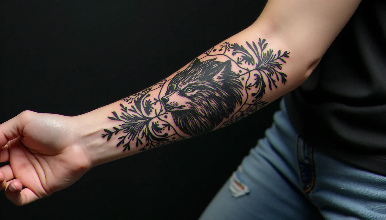 Tatouage emblème loup-garou de la Maison Stark en dotwork sur l'avant-bras, style héraldique médiéval fantasy