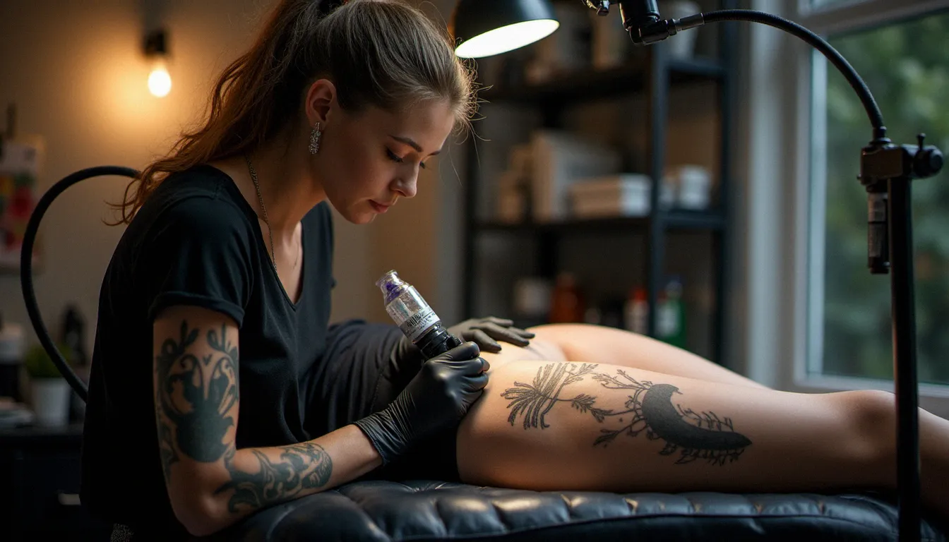 Tatoueuse professionnelle réalisant un grand tatouage sur la cuisse d'une cliente dans un studio moderne, session tatouage Game of Thrones