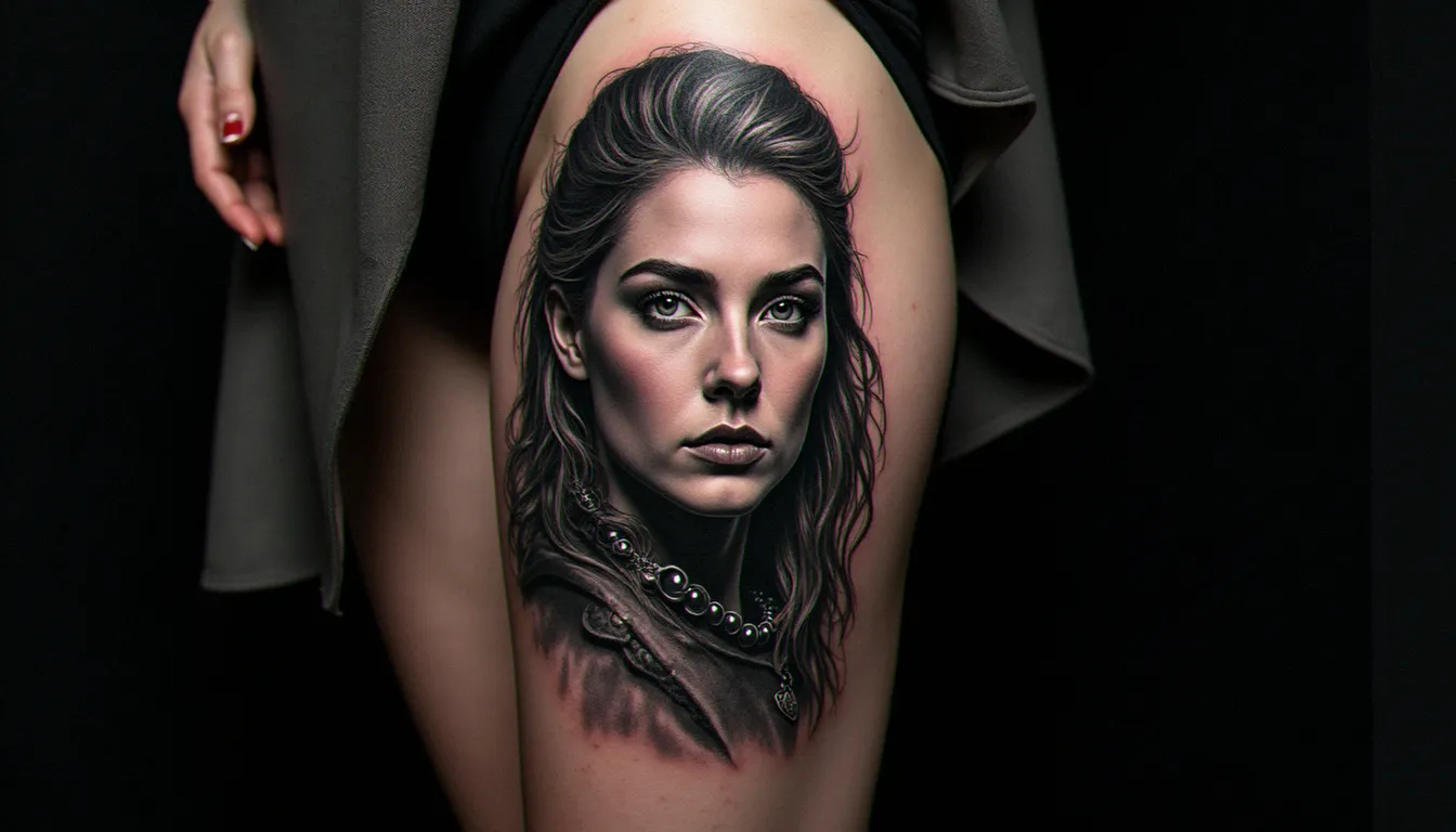 Tatouage réaliste noir et gris d'un portrait inspiré de Sansa Stark sur la cuisse, réalisé dans un studio de tatouage professionnel