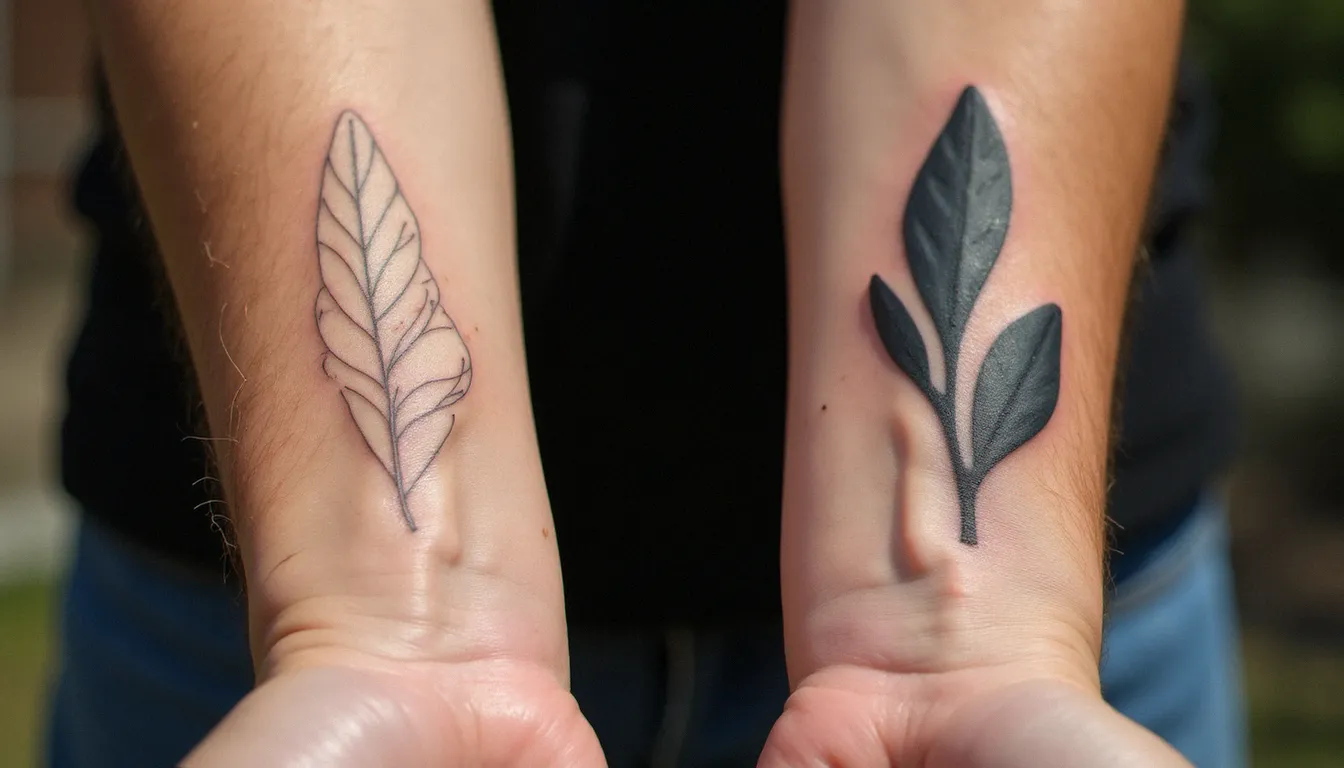 Comparaison du vieillissement entre un tatouage à trait fin et un tatouage minimaliste à trait épais sur deux avant-bras