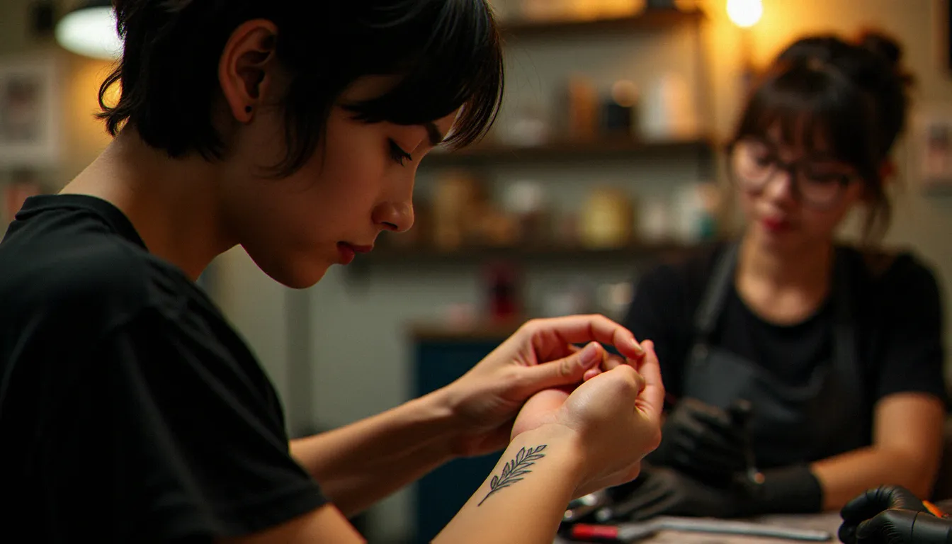 Femme observant son tatouage simple et efficace sur le poignet intérieur dans un studio de tatouage chaleureux