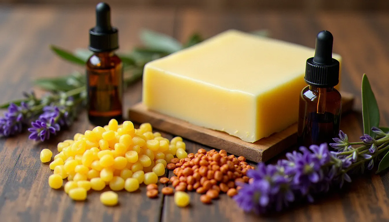 Ingrédients naturels pour baume tatouage disposés sur une planche en bois : cire d'abeille, karité brut, huile de calendula et lavande séchée