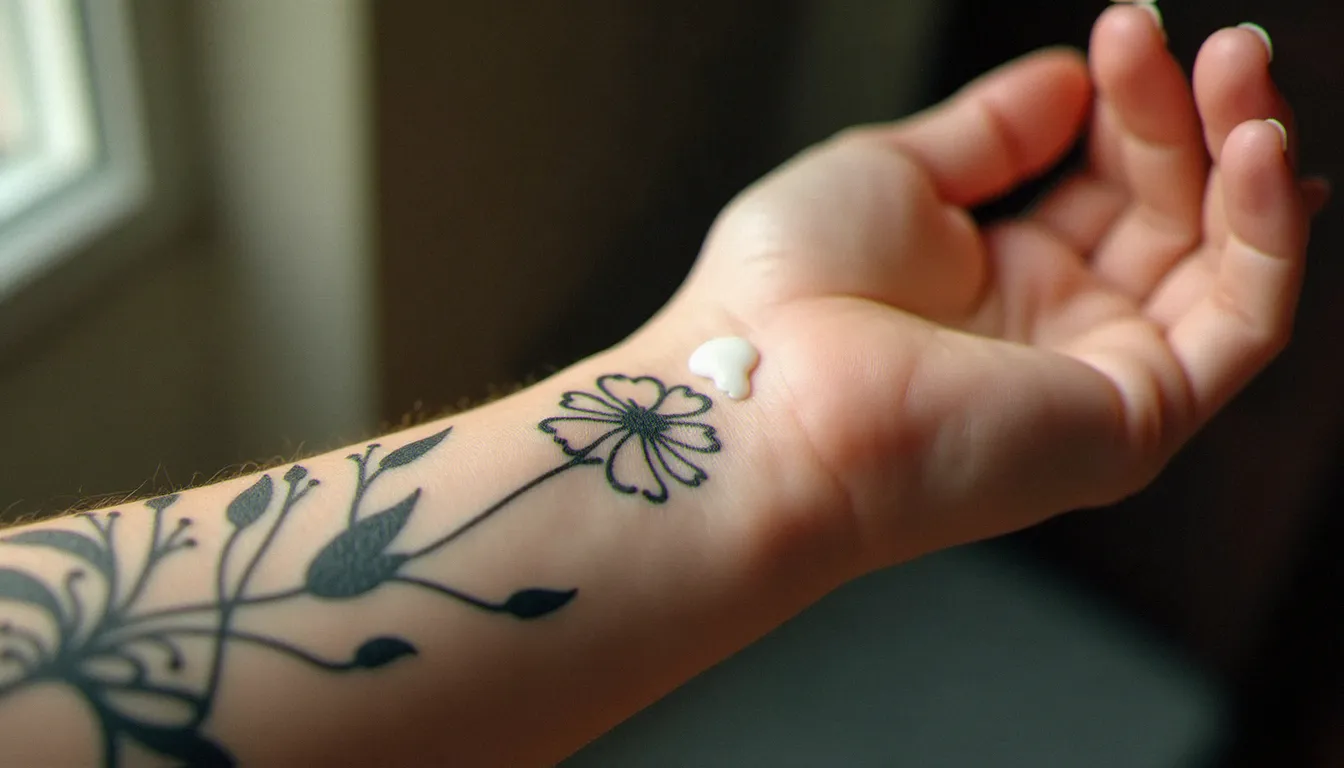 Application d'un baume tatouage naturel au bout des doigts sur un tatouage floral au poignet en phase de cicatrisation