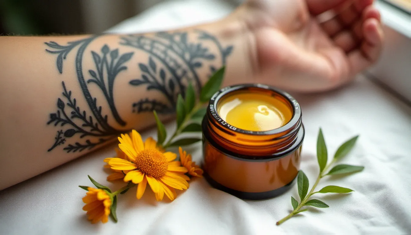 Pot de baume tatouage naturel à la cire d'abeille et au calendula posé à côté d'un avant-bras fraîchement tatoué avec un motif botanique