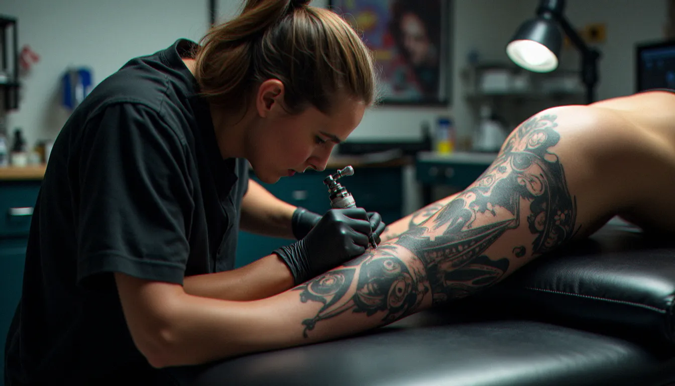 Tatoueuse professionnelle en train de réaliser un tatouage biomécanique sur le mollet d'un client dans un studio de tatouage moderne