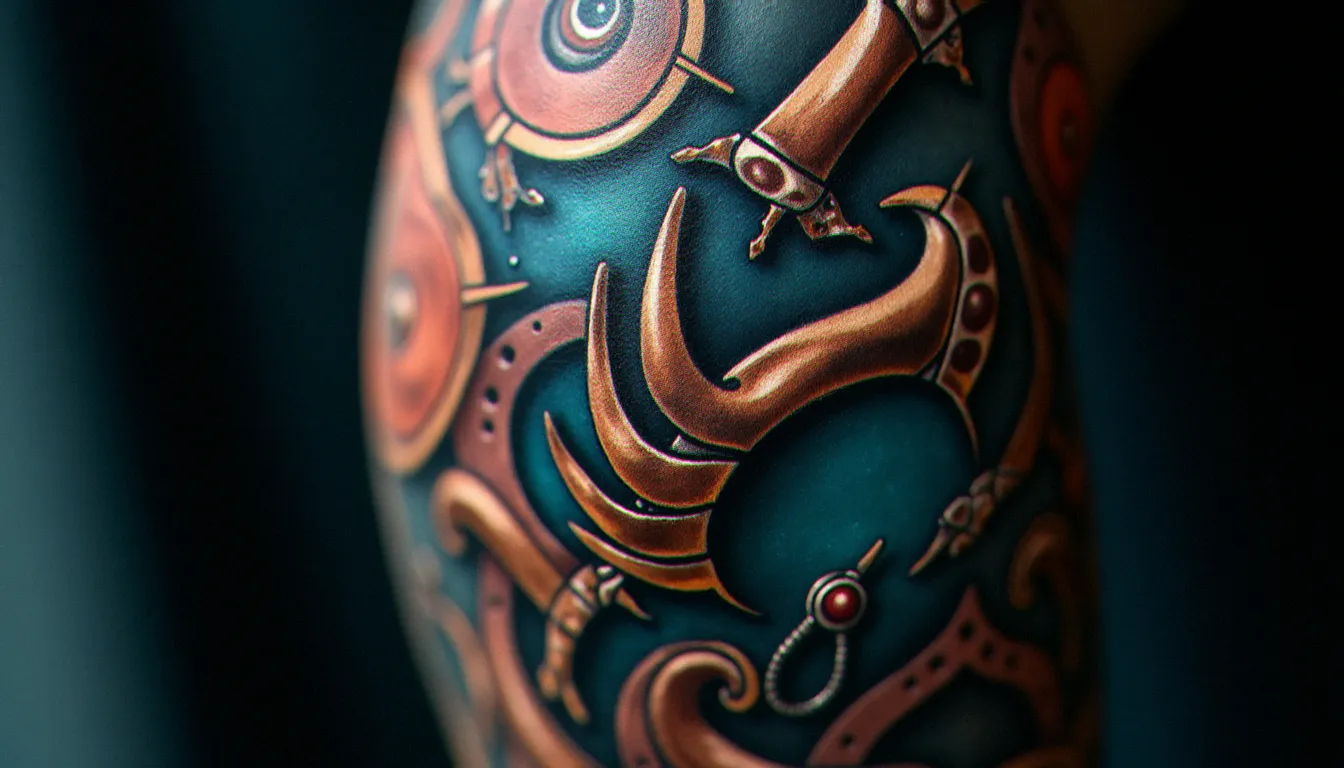 Tatouage biomécanique mollet cicatrisé avec accents métalliques bleu acier et cuivre, structures osseuses et câbles mécaniques enveloppant le muscle du mollet