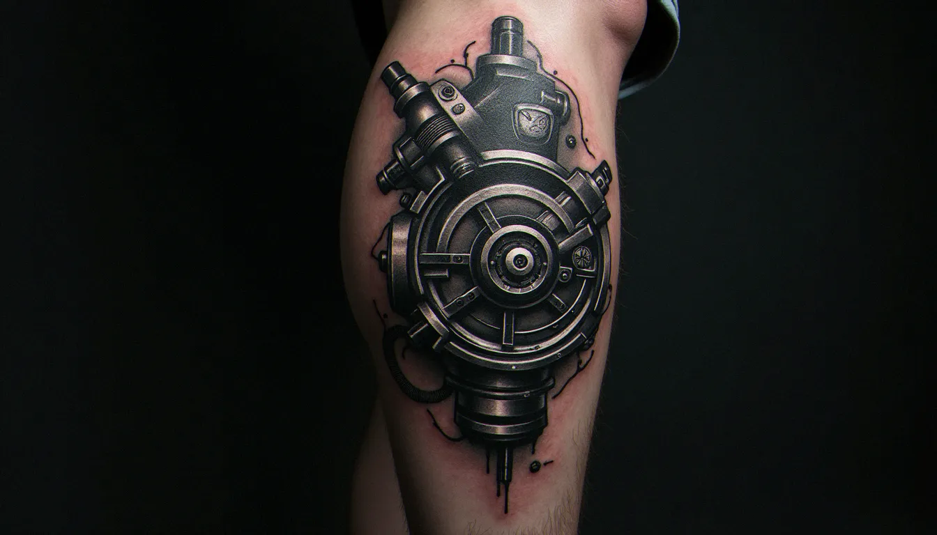 Tatouage biomécanique mollet en noir et gris représentant des pistons hydrauliques et engrenages intégrés à la musculature, effet tridimensionnel saisissant