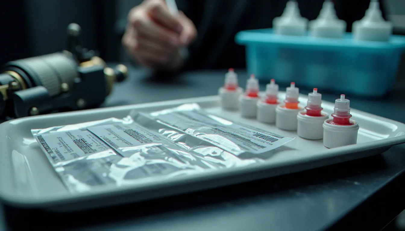 Matériel de tatouage stérile disposé sur un plateau de travail propre, aiguilles à usage unique et encres de tatouage conformes, illustrant les mesures d'hygiène contre les dangers pour la peau