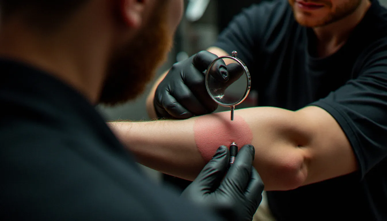 Consultation entre une personne à peau sensible et une tatoueuse examinant attentivement la peau avant une séance de tatouage