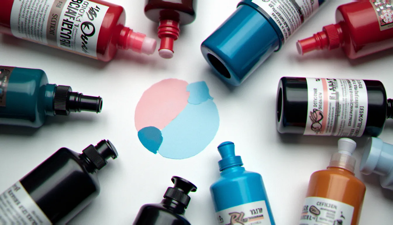 Flacons d'encres de tatouage de différentes couleurs disposés sur une surface stérile dans un studio professionnel, montrant l'importance du choix des pigments pour la santé