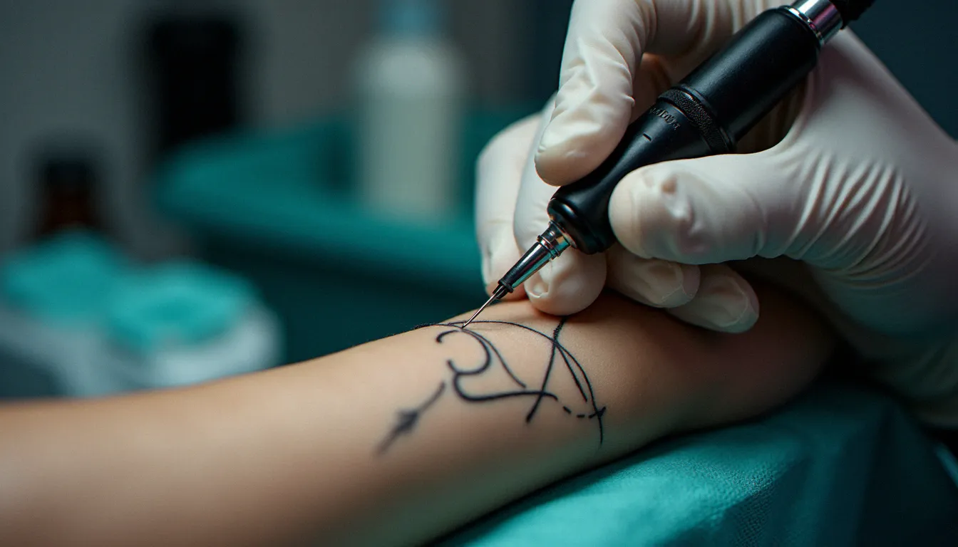 Mains gantées d'une tatoueuse réalisant un tatouage sur un avant-bras, illustrant les pratiques d'hygiène pour éviter un tatouage dangereux pour la santé