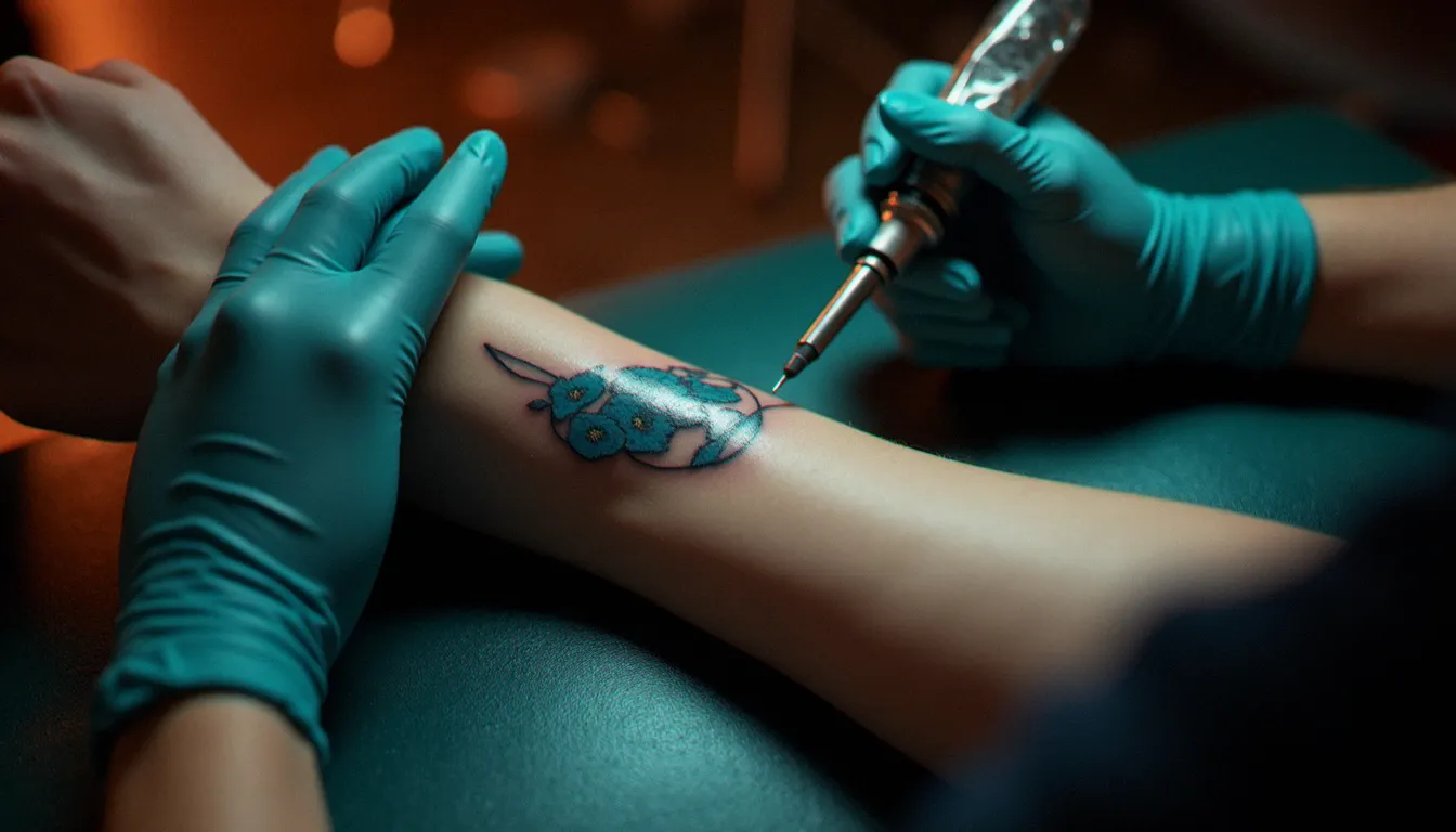 Tatoueuse en train de réaliser un tatouage effet miroir représentant une goutte d'eau sur le poignet d'une cliente, en studio professionnel