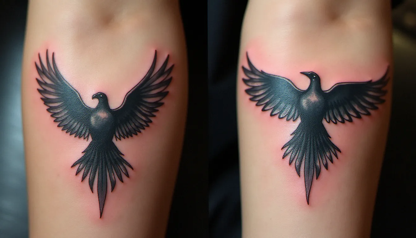 Comparaison d'un tatouage effet miroir juste après la séance et après cicatrisation complète, montrant l'évolution du rendu visuel