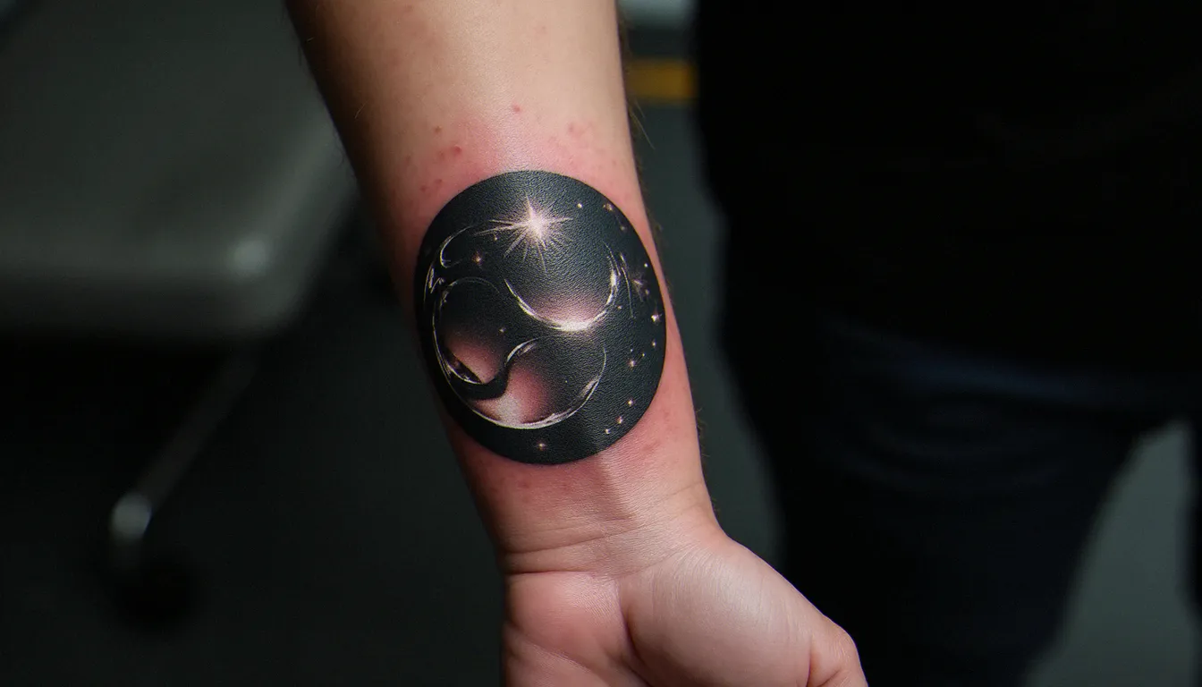 Tatouage effet miroir représentant une sphère chromée sur avant-bras, avec reflets intenses et ombres profondes, style hyperréaliste