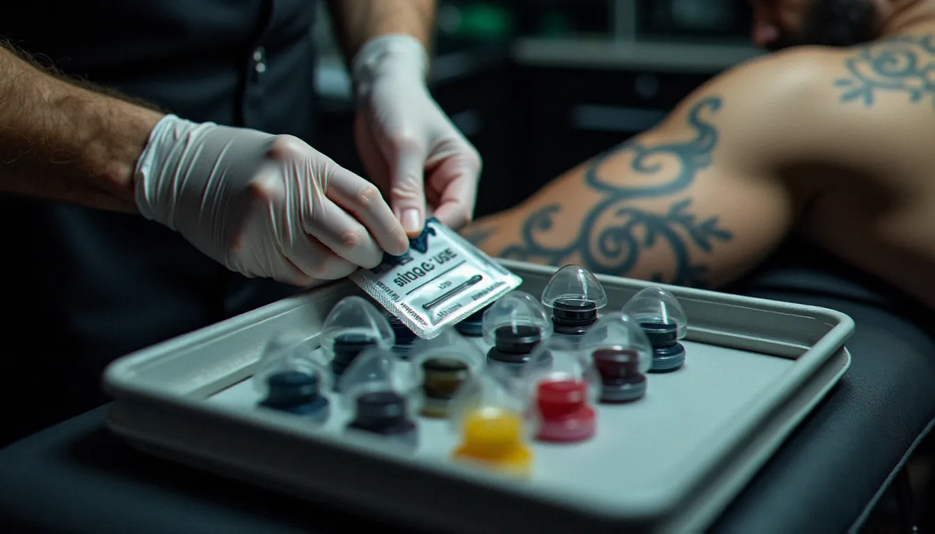 Tatoueuse profессionnelle ouvrant une aiguille à usage unique devant un client dans un studio certifié, encres colorées alignées sur plateau stérile