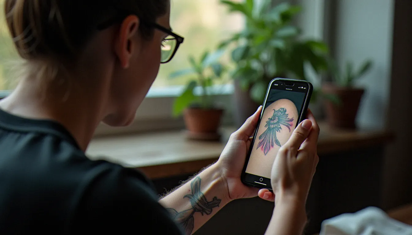 Personne examinant un vieux tatouage sur le bras montrant les effets négatifs à long terme comme la décoloration et l'étalement des contours